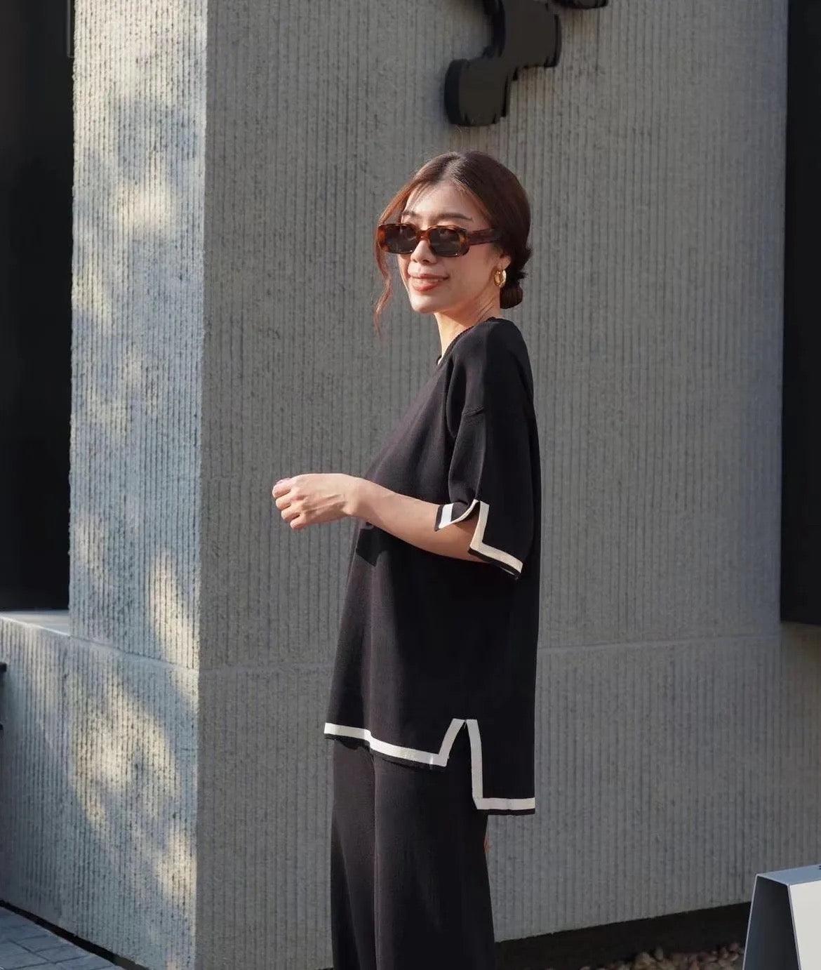 Flexxi Knitted Cotton Co-ord Set In Black