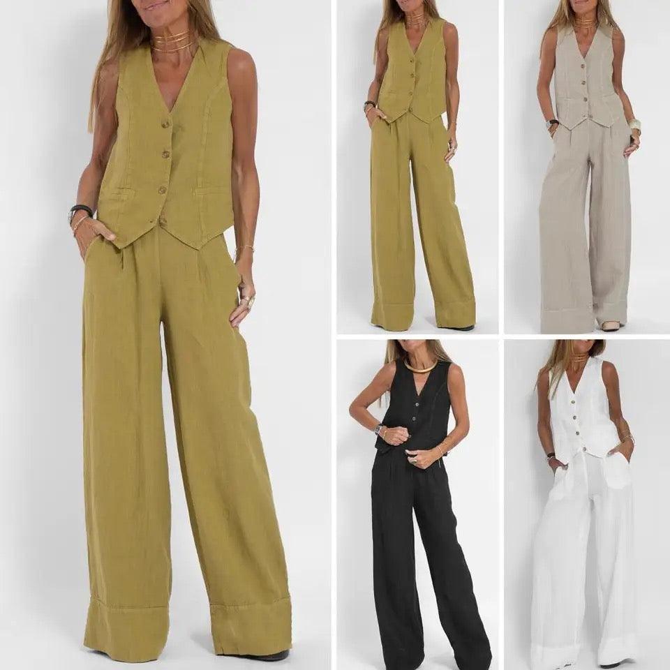Laiden Statement Linen Vest Suit with Pants In Beige