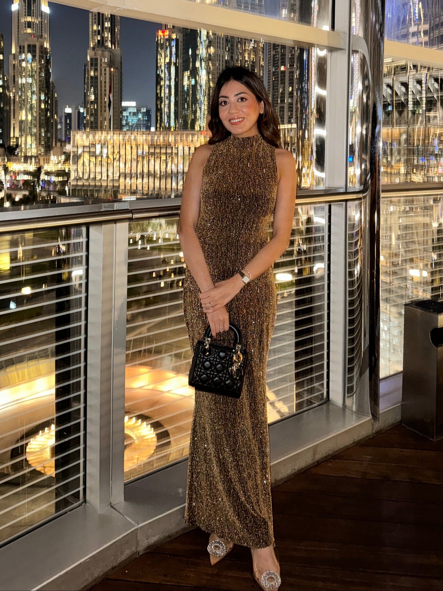 Cerai Halterneck Sequined Party Dress in Gold