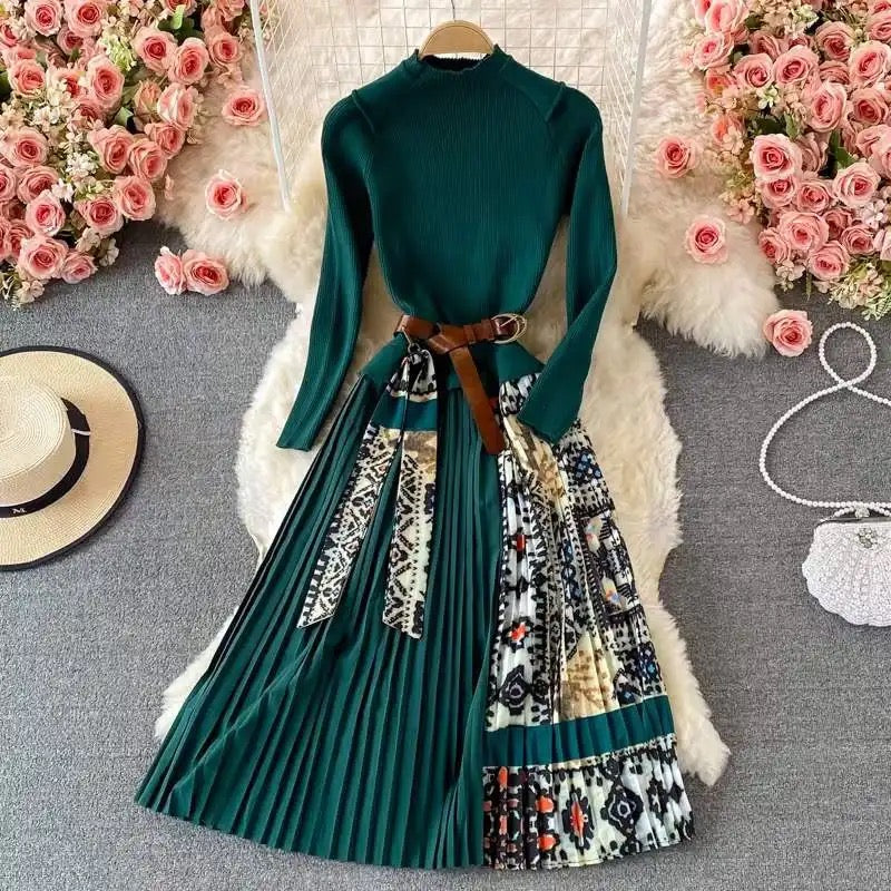 Bianca Pleated Woolen Dress with Belt In Green