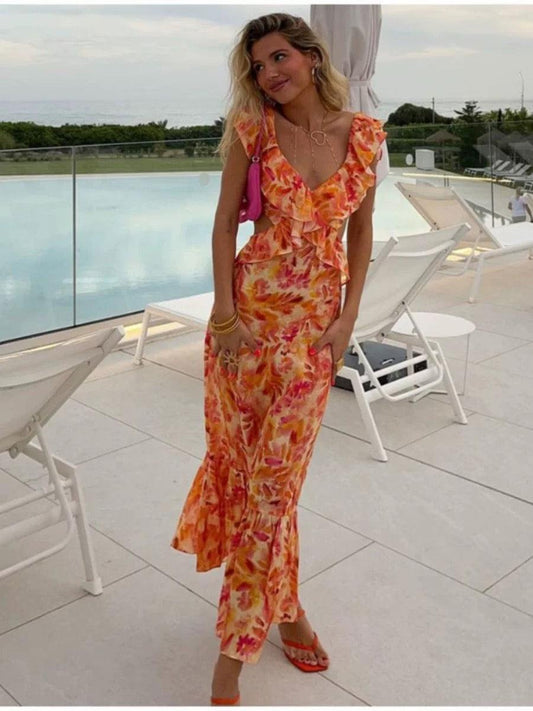 Diaz Floral Ruffled Maxi Dress In Rust