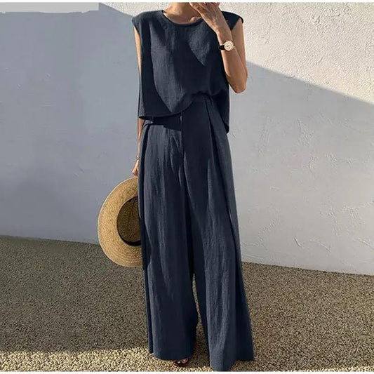 Falrey Statement Linen Suit Set In Navy Blue