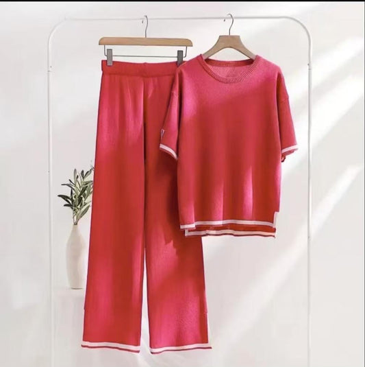 Flexxi Knitted Cotton Co-ord Set In Red
