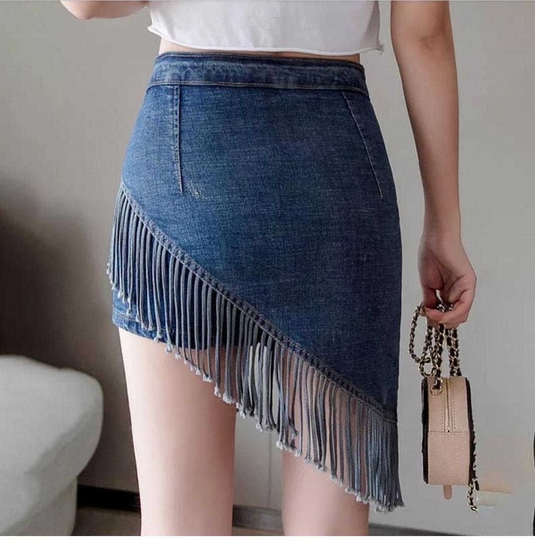 Fringes Denim Skirt in Blue