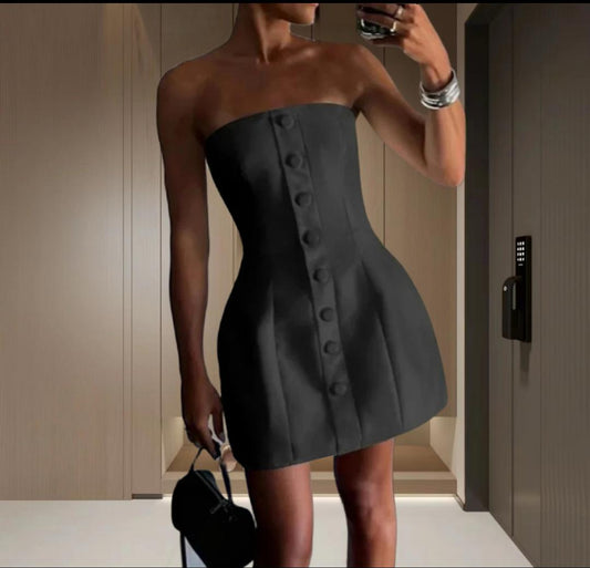 Lera Button Tube Mini Dress In Black