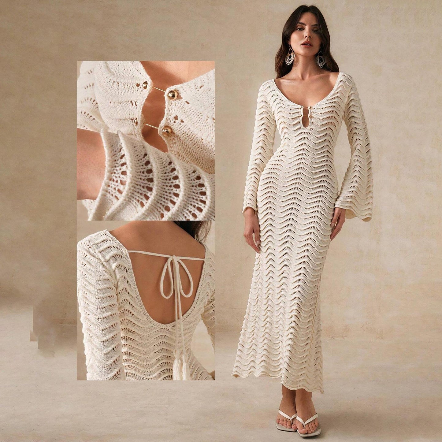 Shirly Luxe Crochet Knit Dress -Resortwear In Beige