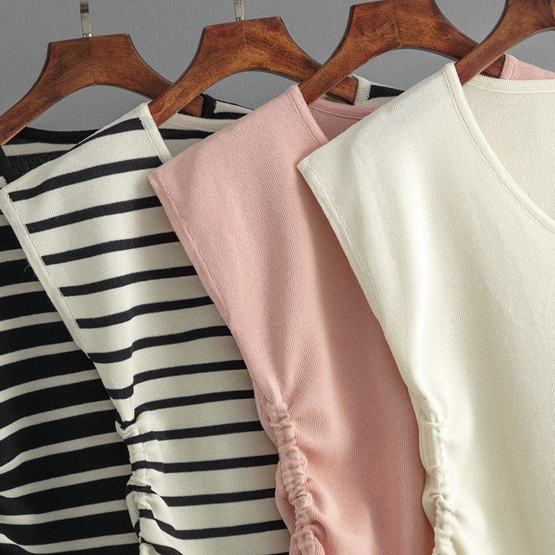 Norie Striped Knit Summer Top In Beige