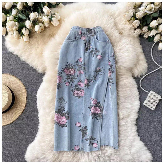 Juliana Slit Denim Skirts In Light Blue