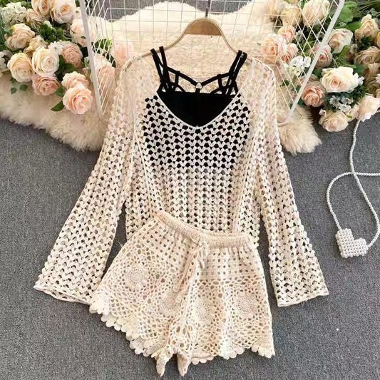Lebanon Crochet 3 Pc Set - Resortwear In Beige
