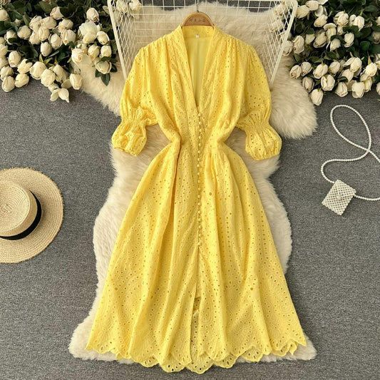 Luna Summer Cotton Eyelet Dress In Yellow