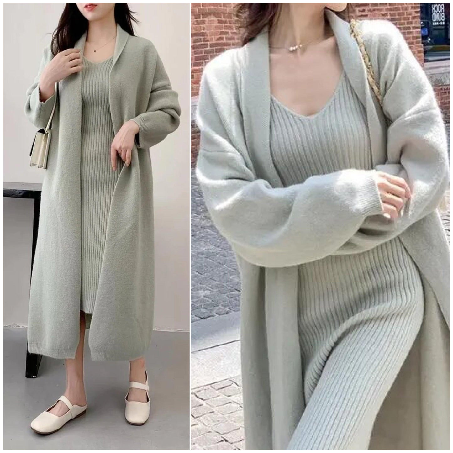Manie Bodycon Dress with Woolen Coat In Mint Green