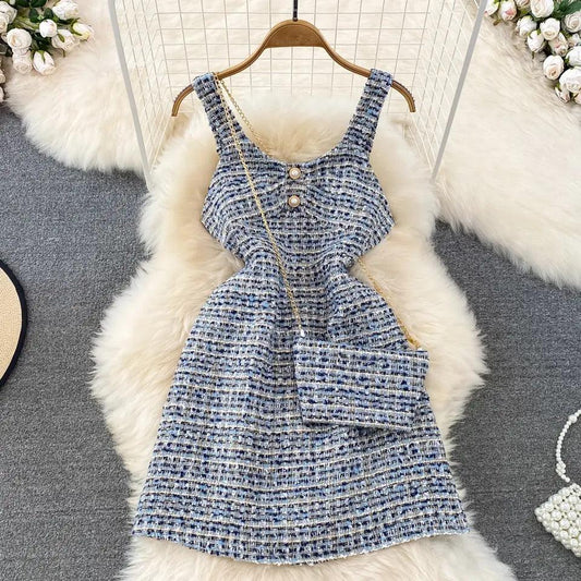 Orry Tweed Dress with Sling Bag In Blue