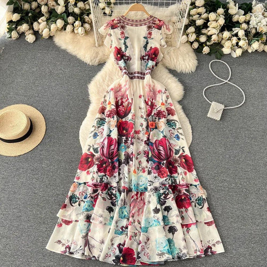 Rena Vintage Statement Maxi Dress In Off-White